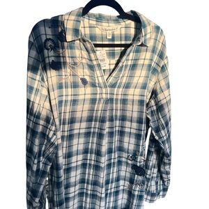 Tantrums Teal and White Plaid Embroidered Blouse